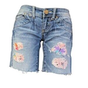 XOXO Shorts Women 2 Low Rise Distressed Boho Patches Denim (W30 L7)